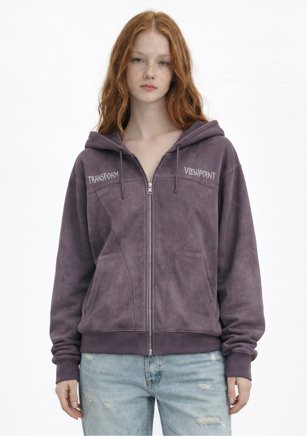 Women’s Suede Zip-Up Hoodie – Embroidered Streetwear Jacket