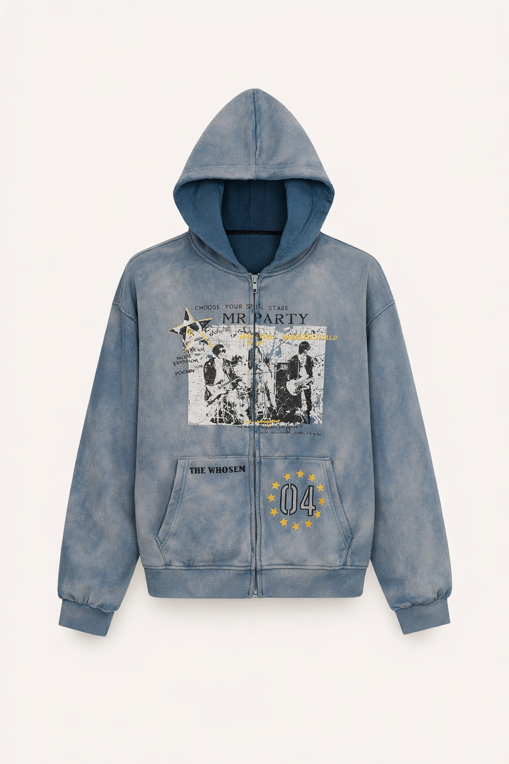 Men’s Vintage Wash Zip-Up Hoodie Distressed Oversized Streetwear
