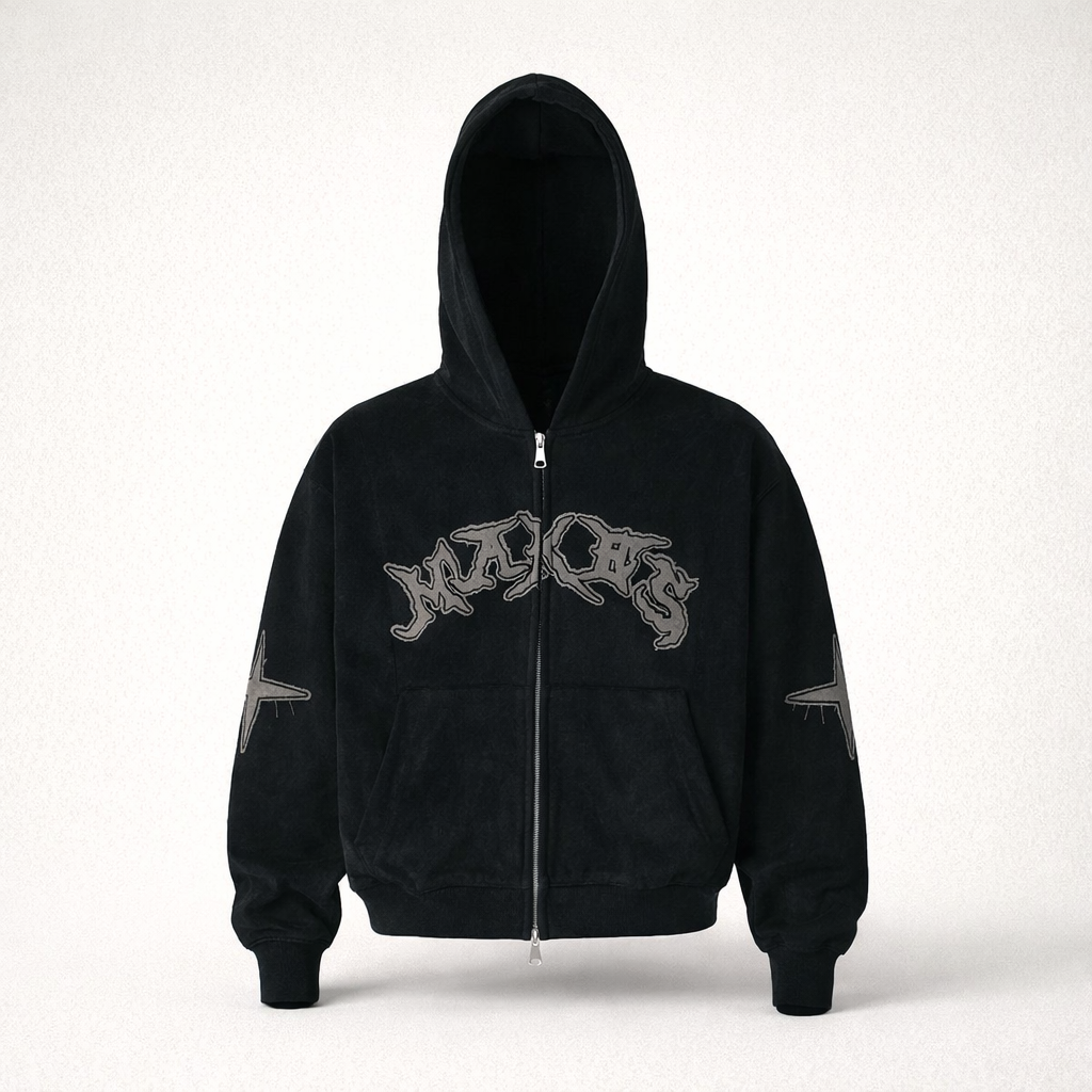 Men’s Boxy Suede Double-Zip Hoodie – High-Density Embroidery