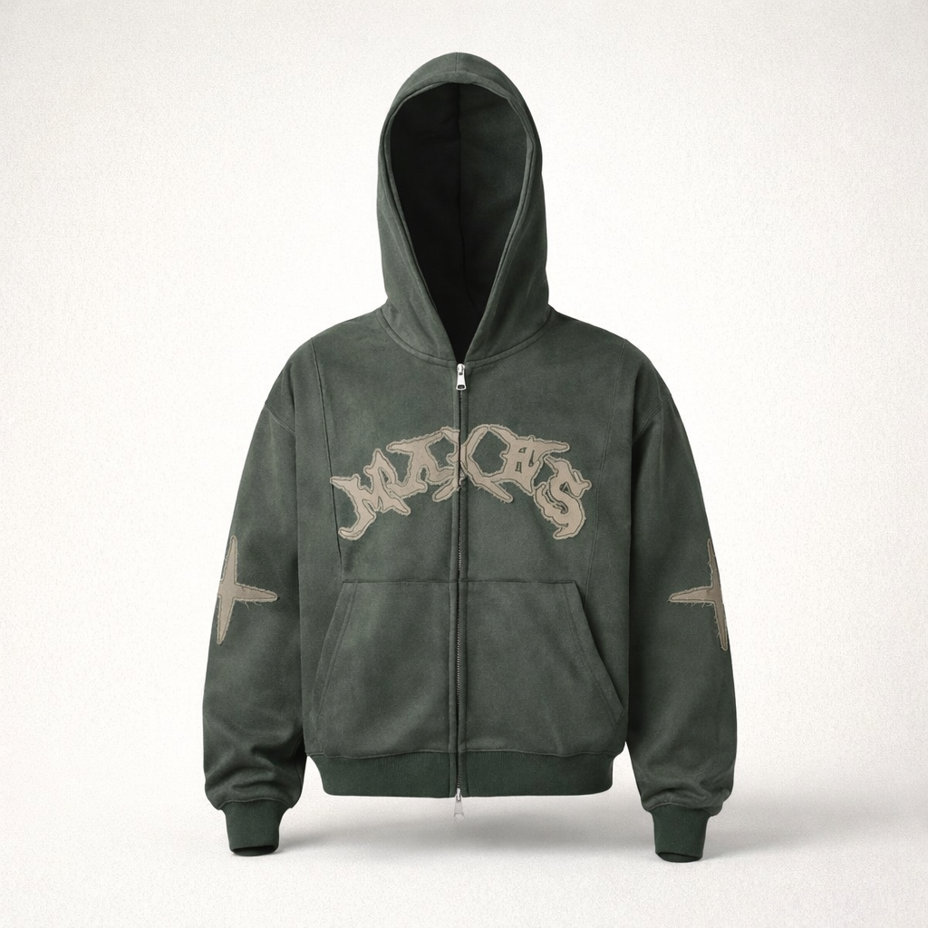 Men’s Boxy Suede Double-Zip Hoodie – High-Density Embroidery