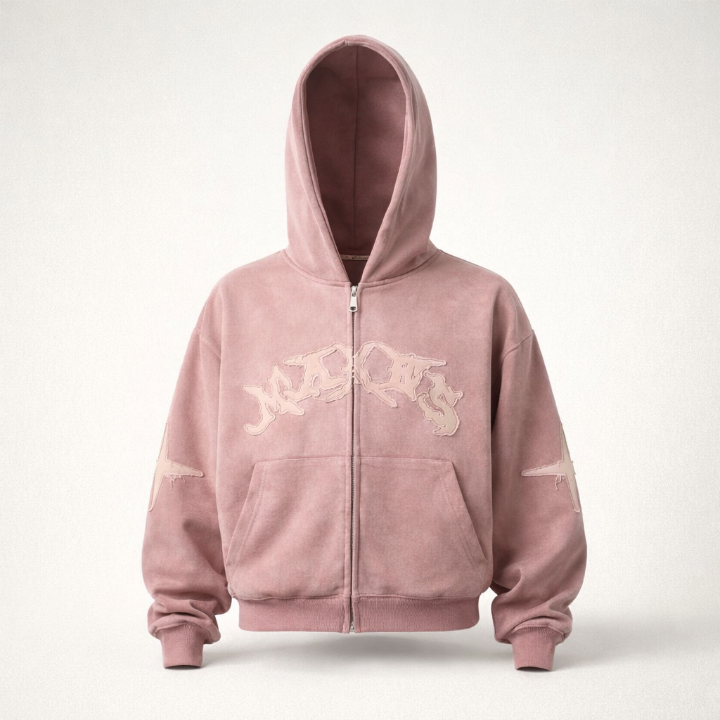 Men’s Boxy Suede Double-Zip Hoodie – High-Density Embroidery