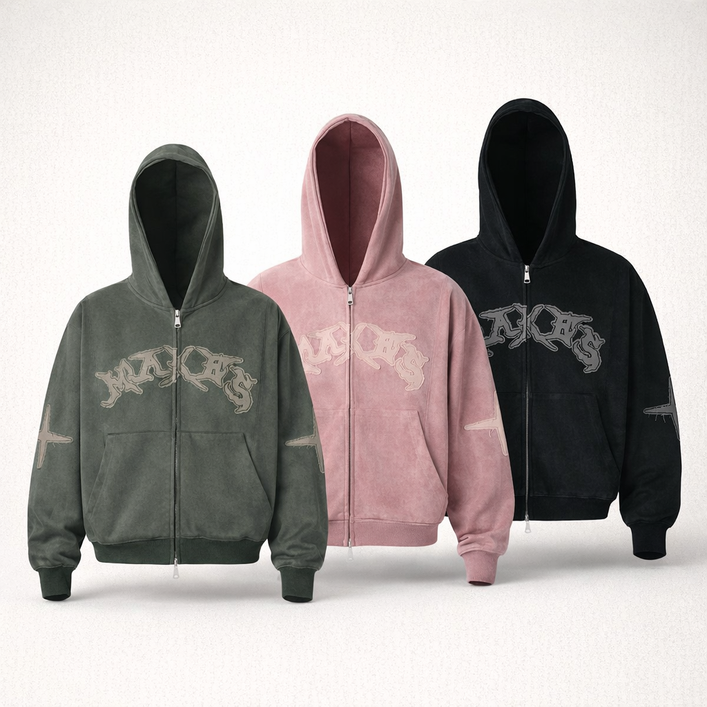 Men’s Boxy Suede Double-Zip Hoodie – High-Density Embroidery