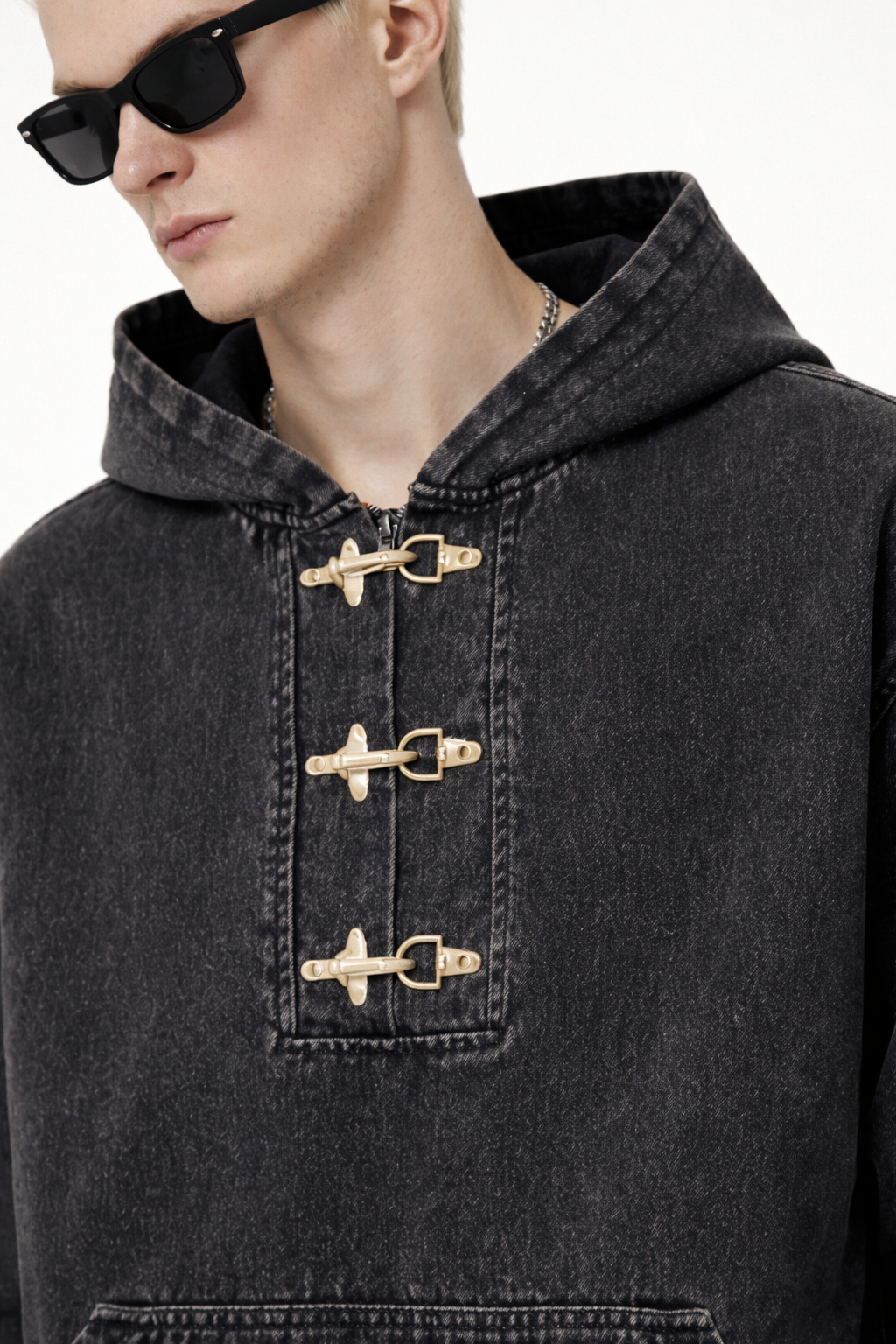 Men’s Washed Denim Pullover Hoodie Oversized High-Street Fit