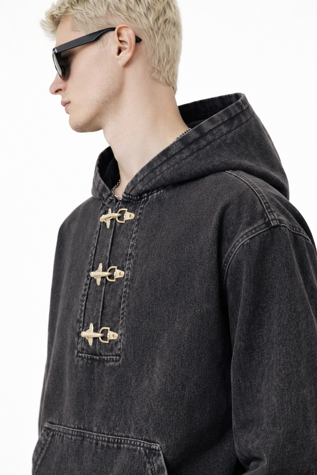 Men’s Washed Denim Pullover Hoodie Oversized High-Street Fit