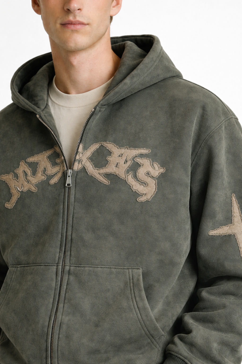 Men’s Boxy Suede Double-Zip Hoodie – High-Density Embroidery