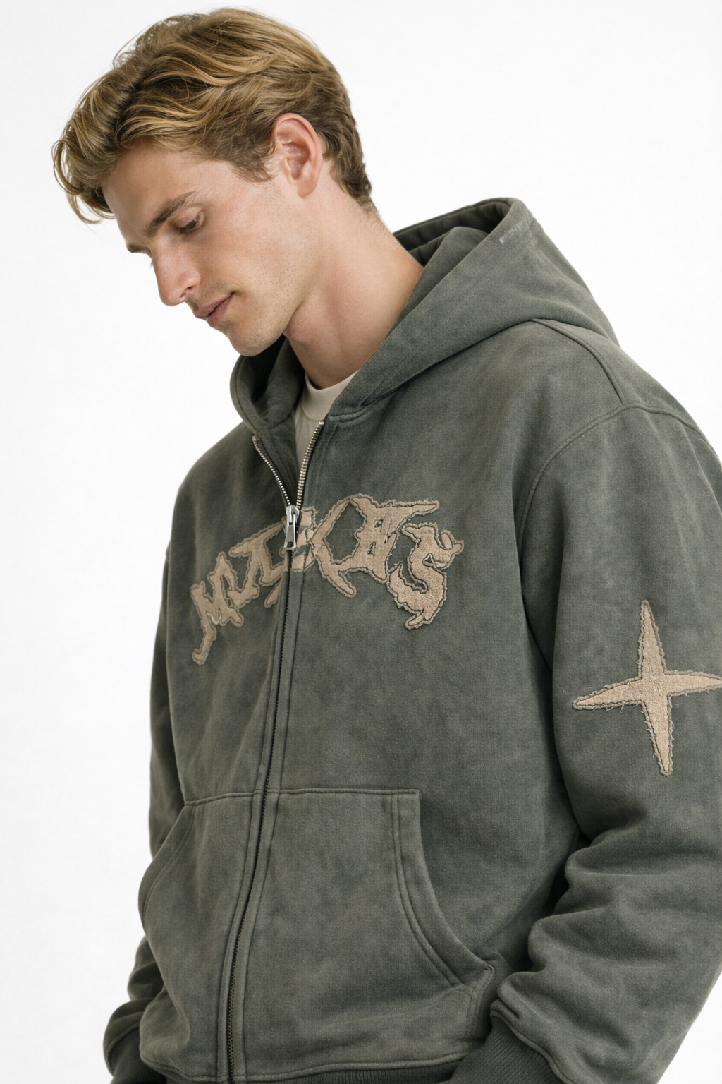 Men’s Boxy Suede Double-Zip Hoodie – High-Density Embroidery