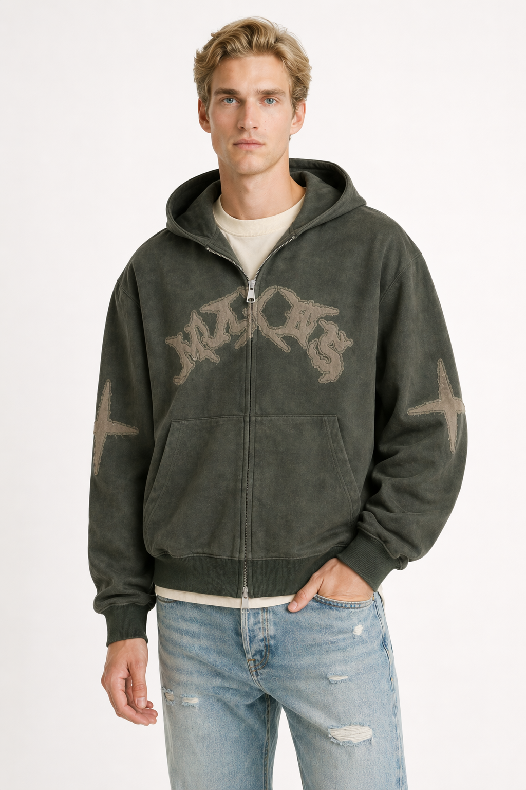 Men’s Boxy Suede Double-Zip Hoodie – High-Density Embroidery