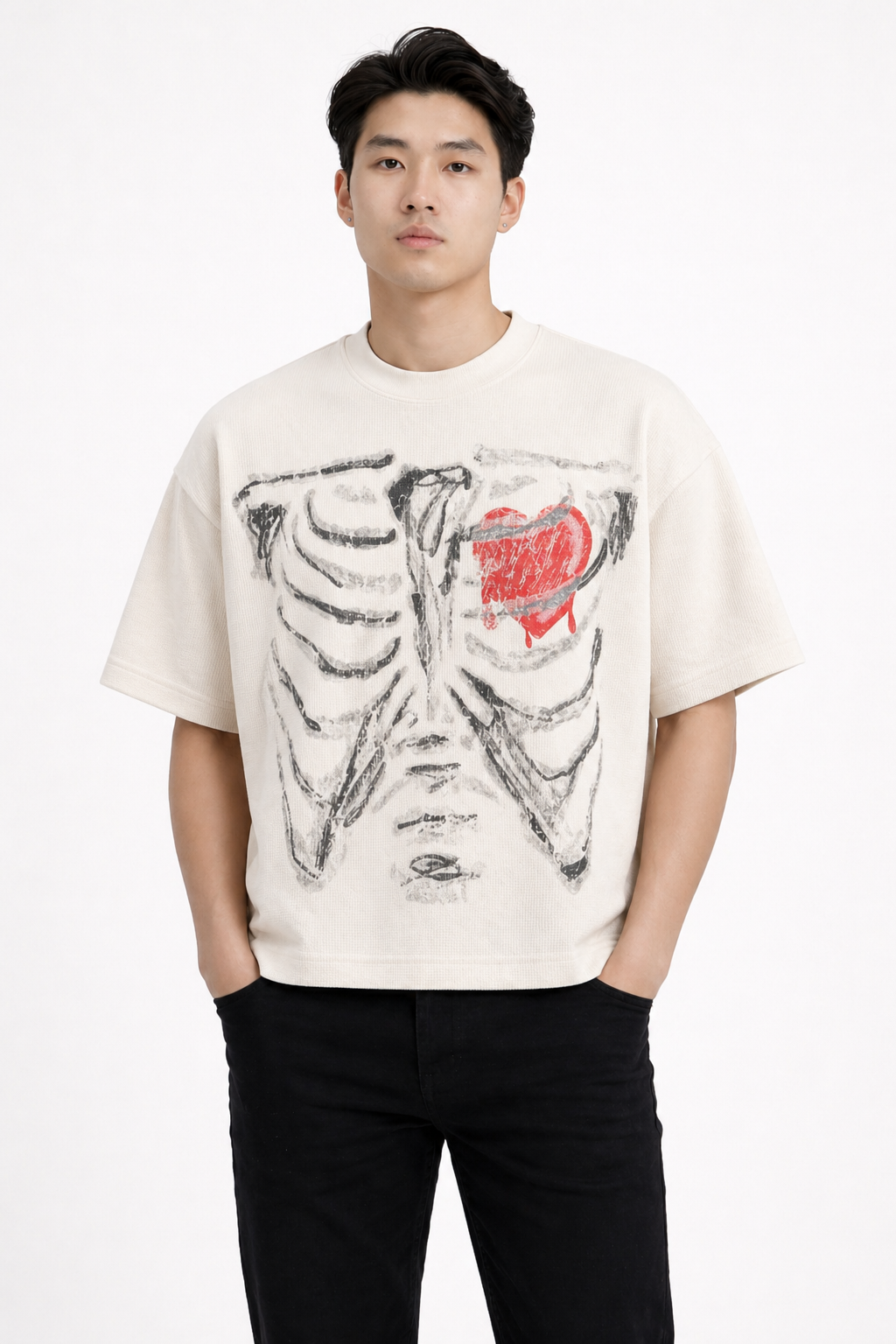 Men’s Boxy Waffle Knit Graphic Tee High-Street Textured T-Shirt