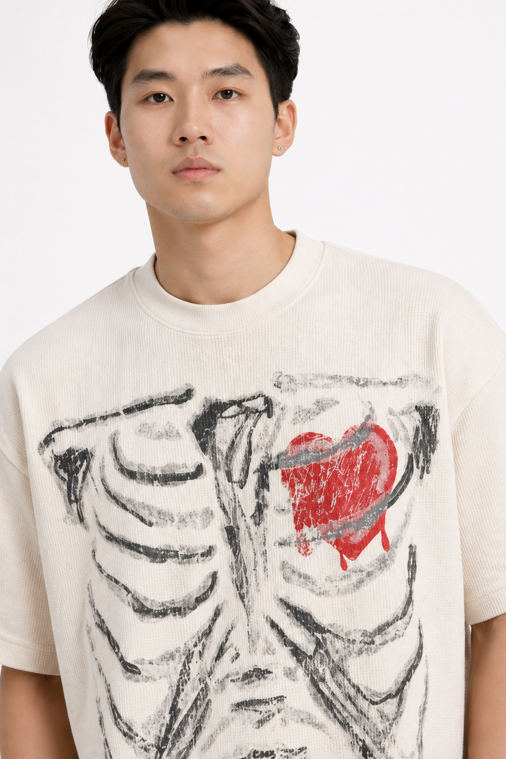 Men’s Boxy Waffle Knit Graphic Tee High-Street Textured T-Shirt