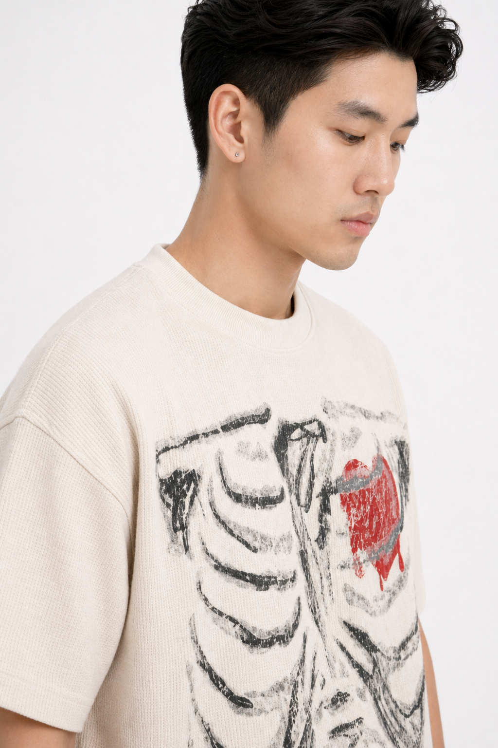Men’s Boxy Waffle Knit Graphic Tee High-Street Textured T-Shirt