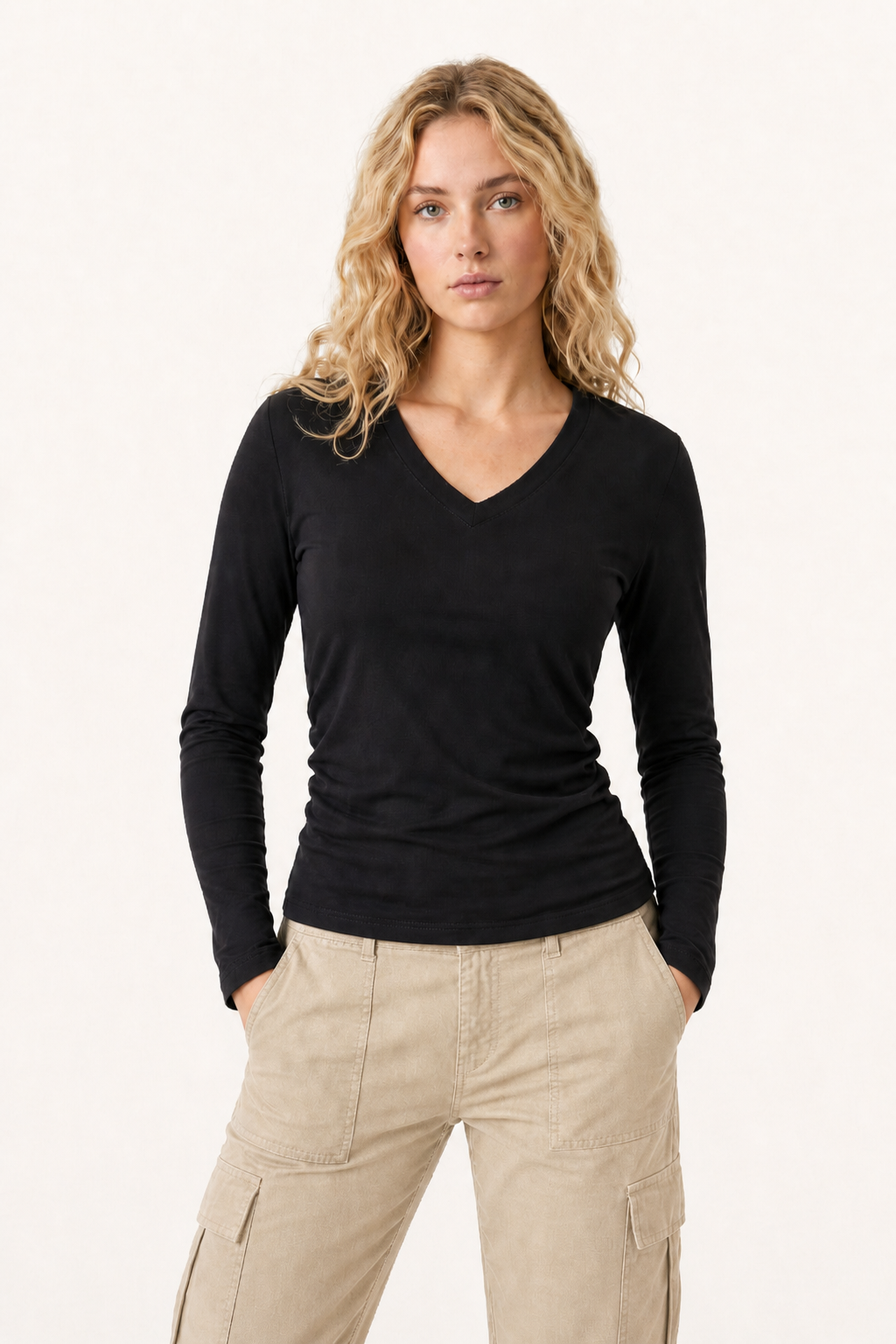 Women’s Sculpting V-Neck Long Sleeve  230g Combed Cotton Top