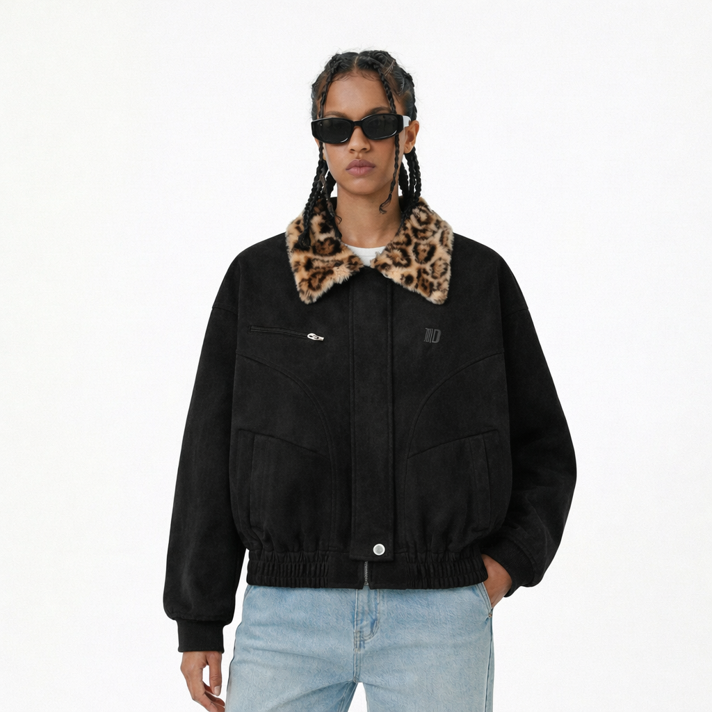 Oversized Jacket (Removable Leopard Collar) Zip-Up