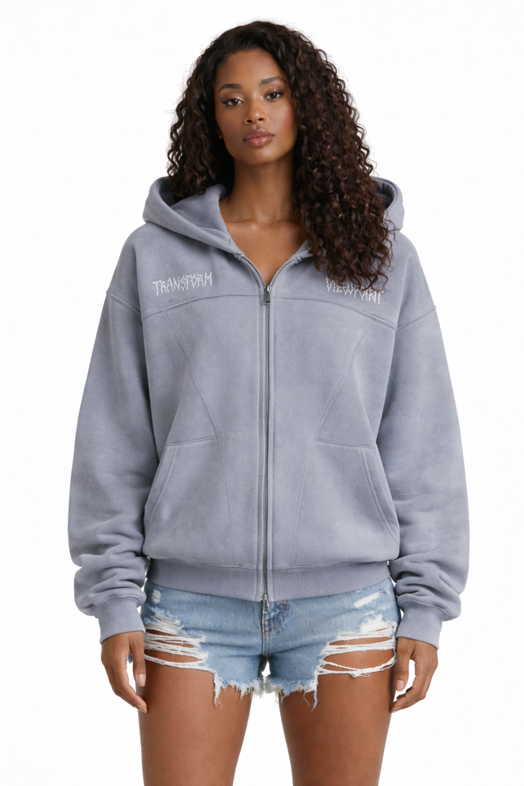 Women’s Suede Zip-Up Hoodie – Embroidered Streetwear Jacket