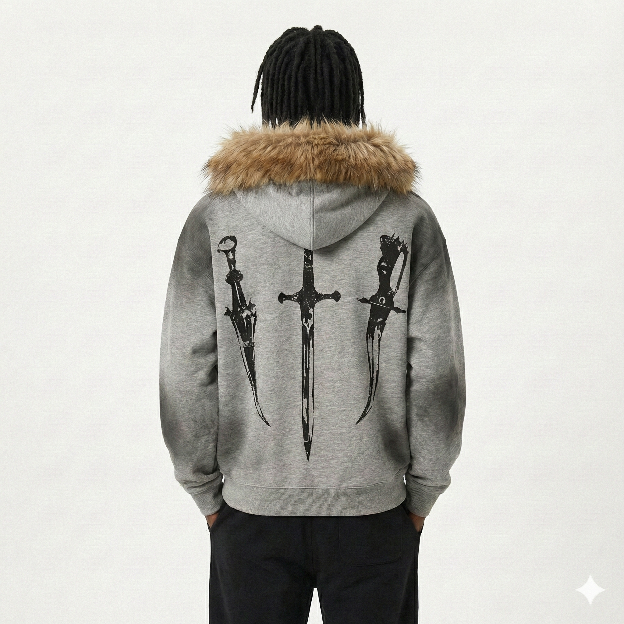 Oversized Zip-Up Hoodie with Fur Collar Y2K Retro Style