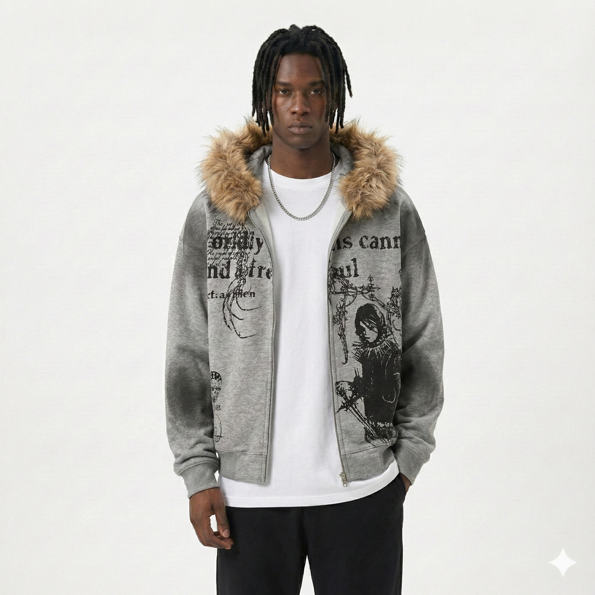 Oversized Zip-Up Hoodie with Fur Collar Y2K Retro Style