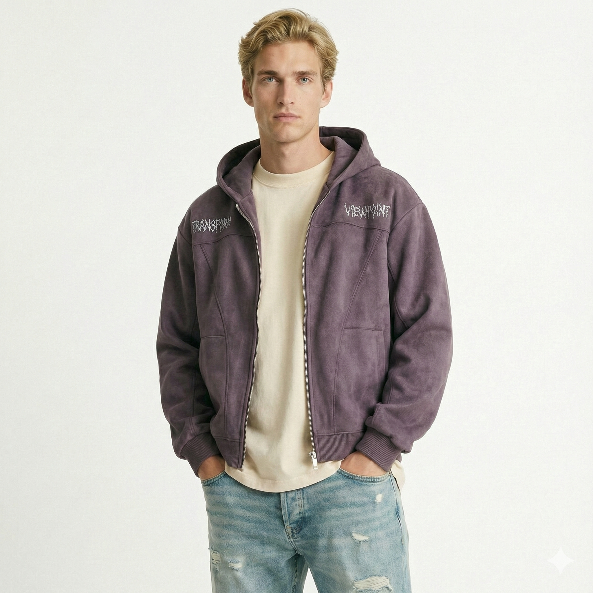 Men's Suede Zip-Up Hoodie Embroidered Streetwear Jacket