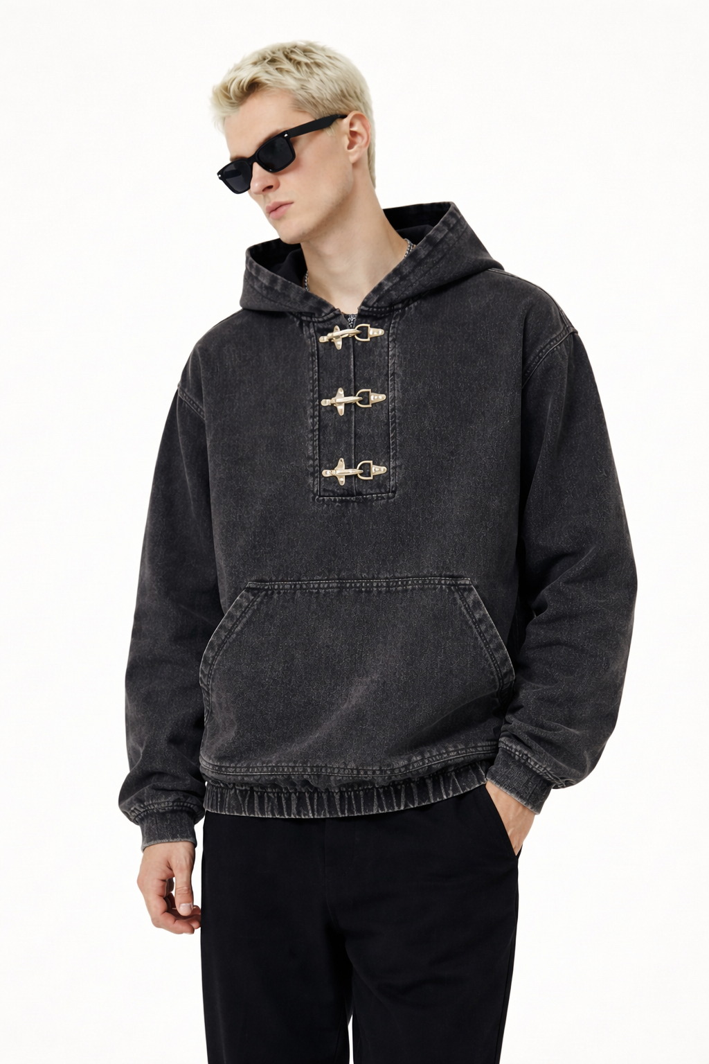 Men’s Washed Denim Pullover Hoodie Oversized High-Street Fit