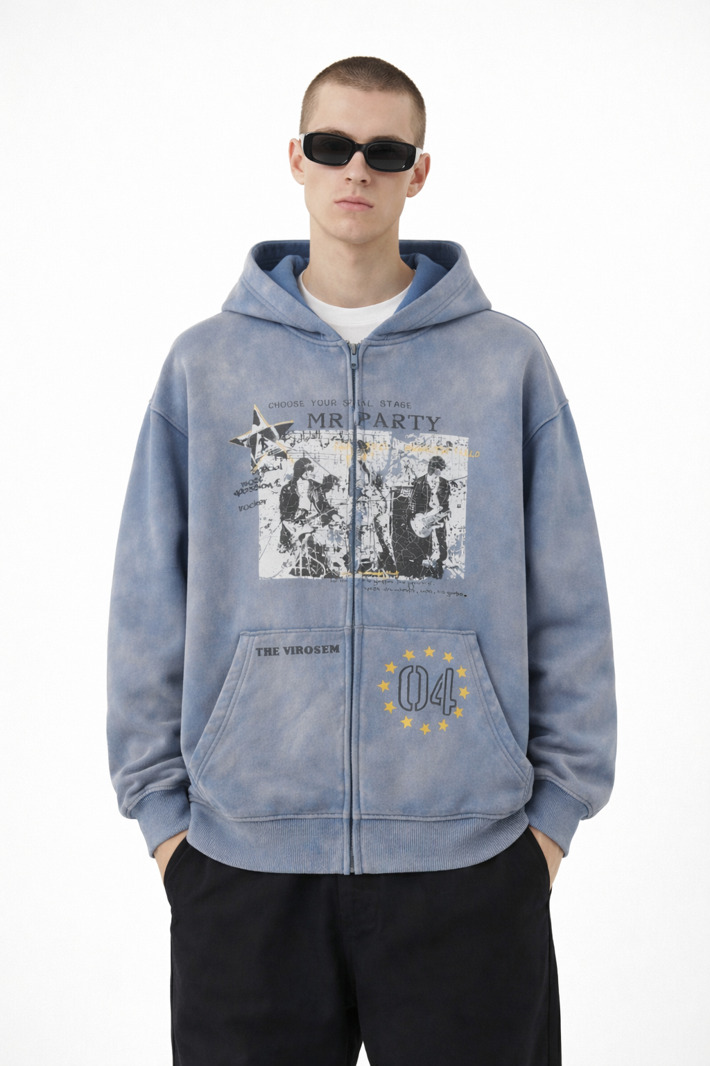Men’s Vintage Wash Zip-Up Hoodie Distressed Oversized Streetwear