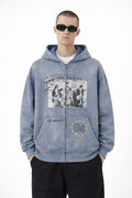 Men’s Vintage Wash Zip-Up Hoodie Distressed Oversized Streetwear