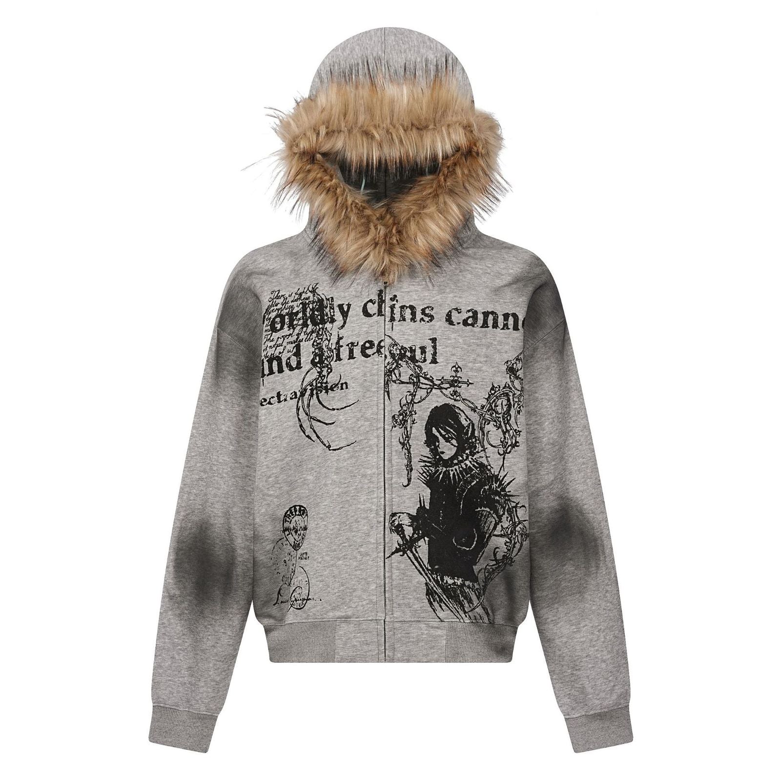 Oversized Zip-Up Hoodie with Fur Collar Y2K Retro Style